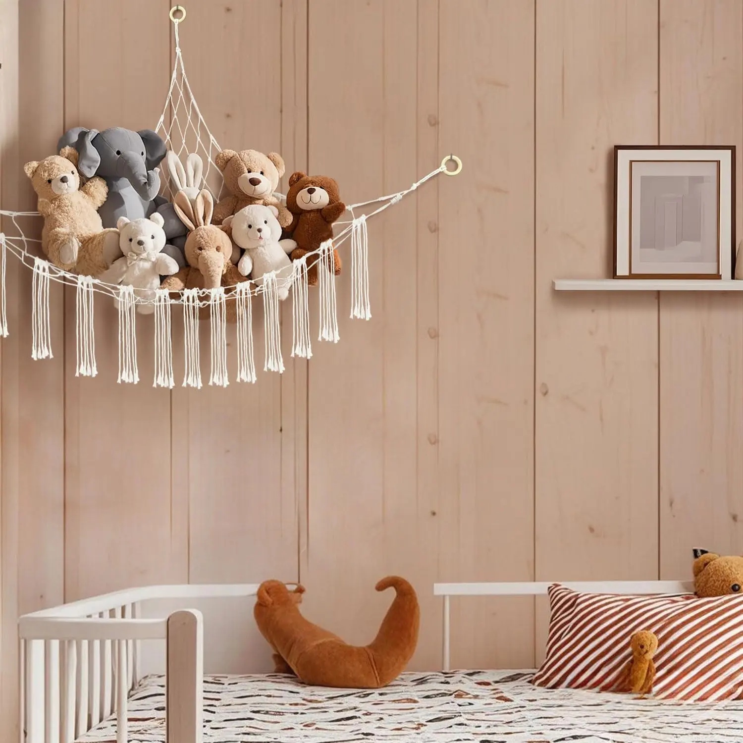 Large Corner Stuffed Animal Hammock Net, 59x47 Inches Cotton Plushie Organiser, Decorative Wall-Hanging Toy Storage for Bedroom Home Decor, White