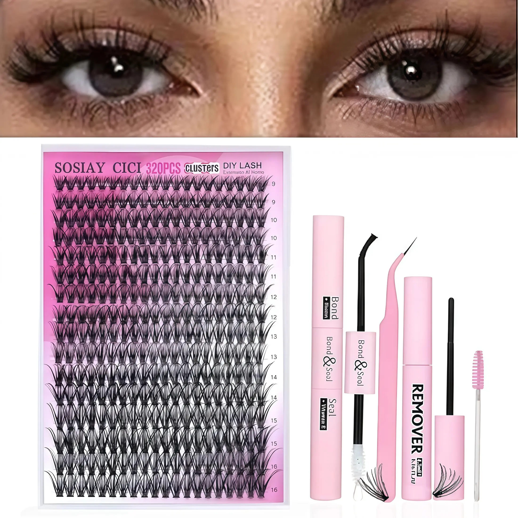 DIY Eyelash Extension Kit, 320 PCS 40D D-Curl Lash Clusters (9-16mm Mixed Lengths) with Cosmetic Adhesive, Seal, Remover & Tweezers – Easy Apply, Convenient for At-Home Use, Salon, Dramatic Lashes, Lashes On Fleek