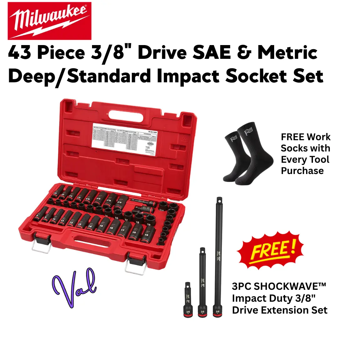 Milwaukee 43-Piece 3/8" Drive SAE & Metric Deep/Standard Impact Socket Set, 6-Point Design, Dual Hole Design, Laser Etched Part Number, Metric Impact & Socket Sets