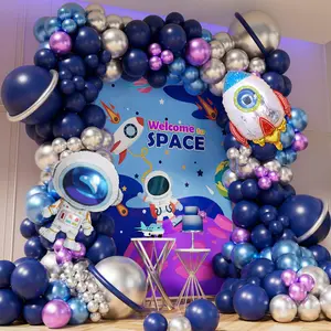 Space Balloon Garland Arch Kit with Rocket Astronaut Foil Mylar Balloons Navy Blue Metal Blue Silver Purple Balloons for Boys Kids Outer Space Themed Graduation Birthday Party Decorations Set