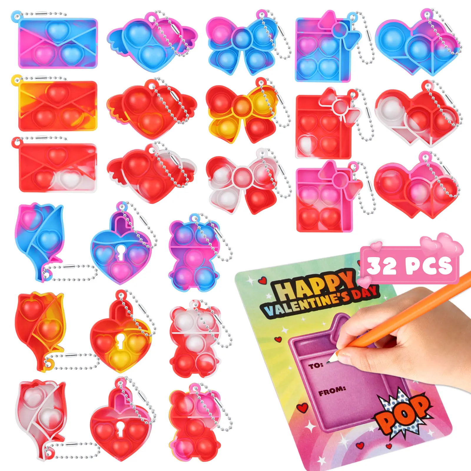 32 Pack Pop Toys Valentine’s Day Gifts for Kids, Fidget Toy Set for Classroom Exchange, Party Favor Toys with Valentine Cards, Kids Toy Prizes Bulk