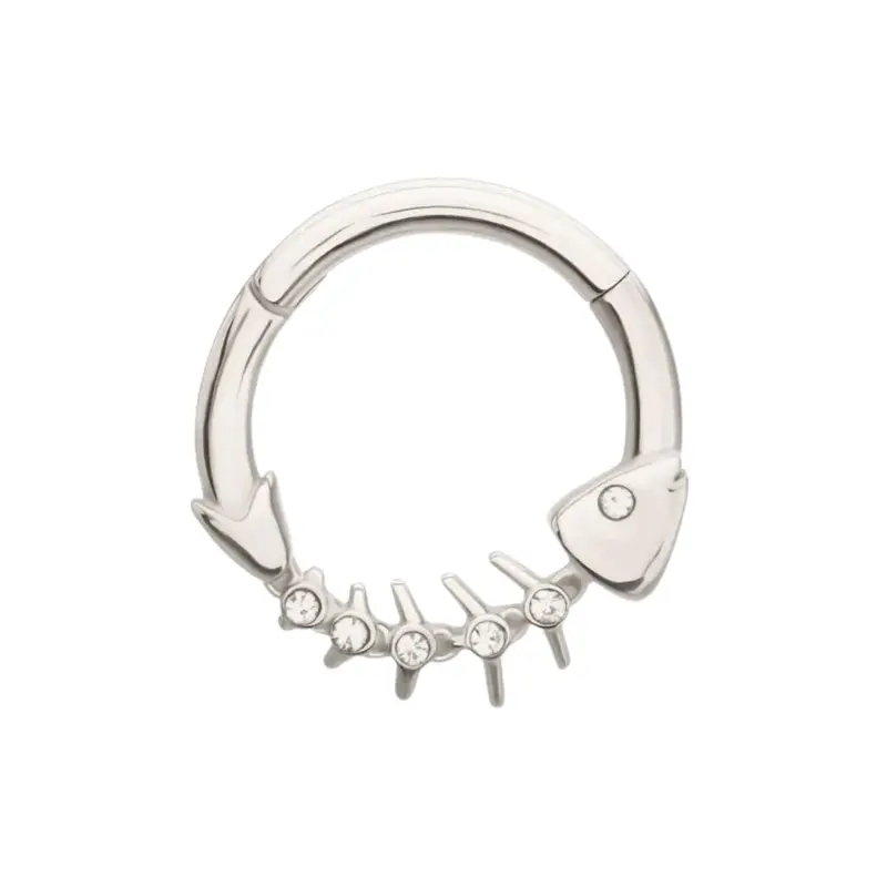 CZ Crystal Lined Fishbone Hinged Segment Clicker Ring - 316L Stainless Steel