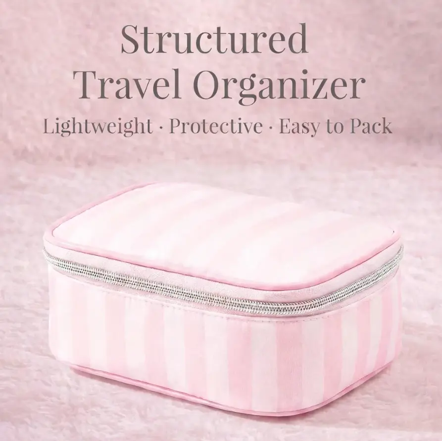 Unisex Striped Quilted Makeup Bag - Padded Puffy Travel Cosmetic Organizer, Large Capacity, Flat Lay Storage for Makeup Products (Spring 2026 Milestones), Chic, Mother's Day, Zip, Holiday, Synthetic, Metal Zipper, Flat Profile, Built-In Organizer, Cute, H