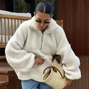 Women's Oversized Sherpa Half-Zip Pullover - Ultra Comfortable and Stylish, Perfect for Fall and Winter | Fluffy Fleece Design, Ideal for Casual Outings and Street Style Looks