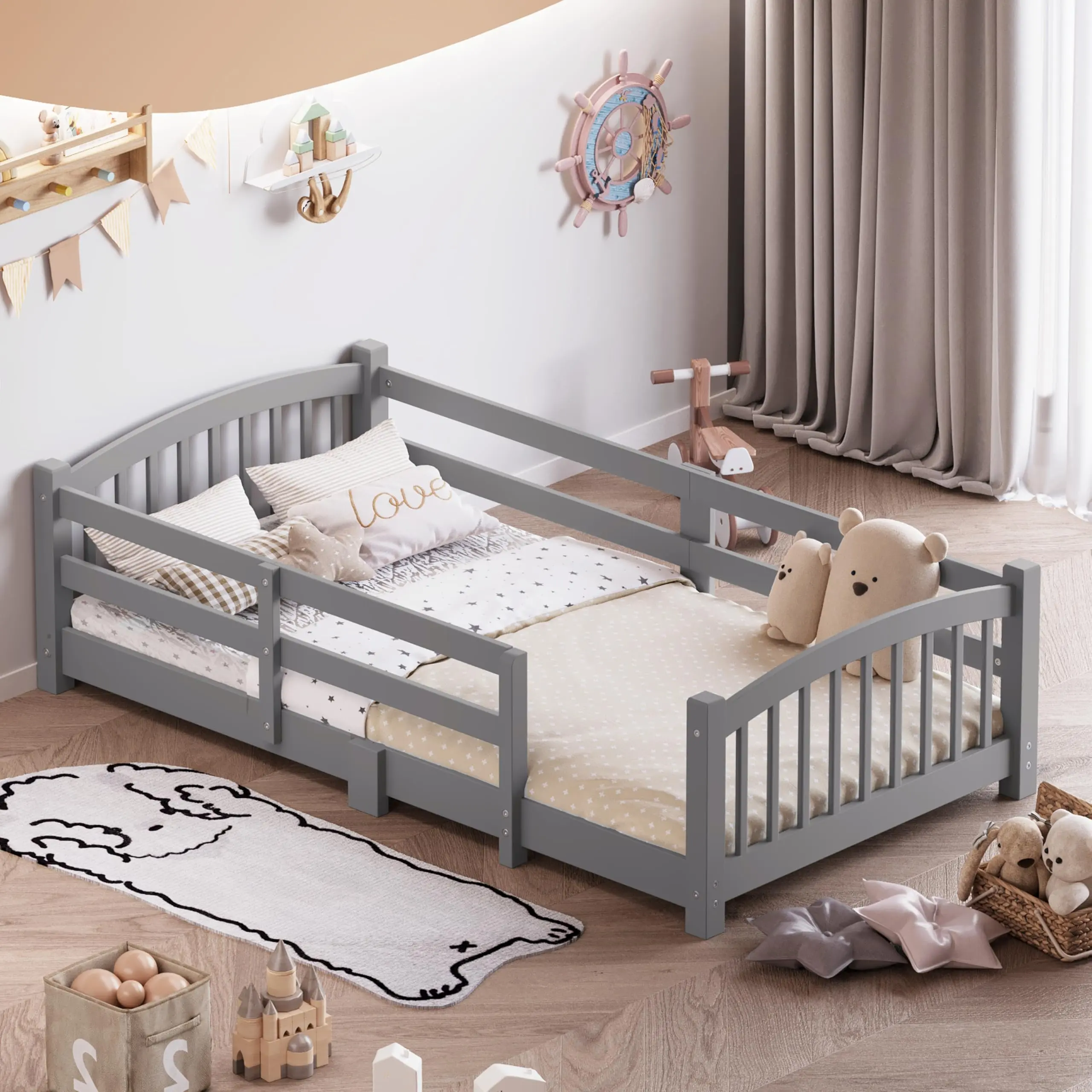 AURNIENOFUS Twin Size Solid Wood Montessori Toddler Bed, Low-Profile Frame with Open Sides, Safety Rails, Slat Support and Fence (No Door) for Kids