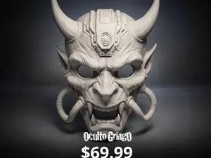 Oculto Gringo Cyberpunk Steampunk Oni Demon Mask with Brutal Japanese Oni Demon Aesthetics and Mechanical Details
