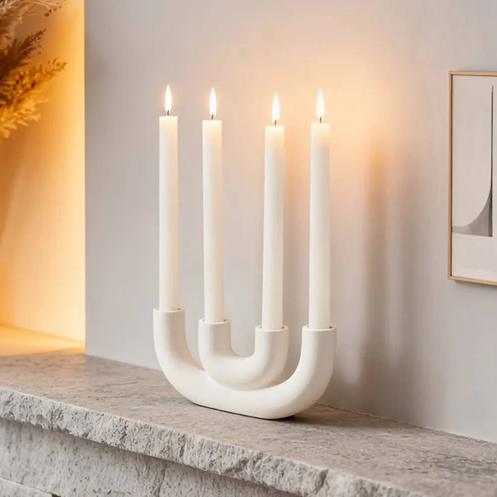 Modern Minimalist White Ceramic Candleholder - Hand-Painted Architectural design Table Compatible Suitable for Weddings, Dining Table Centerpiece, Contemporary Decor - Elegant Ceramic Candelabra, Candlestick Holders