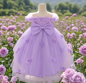 Little girl flower mesh bow decoration party dress cute suitable for birthday ceremony flower girl flower decoration chiffon dress elegant and gorgeous