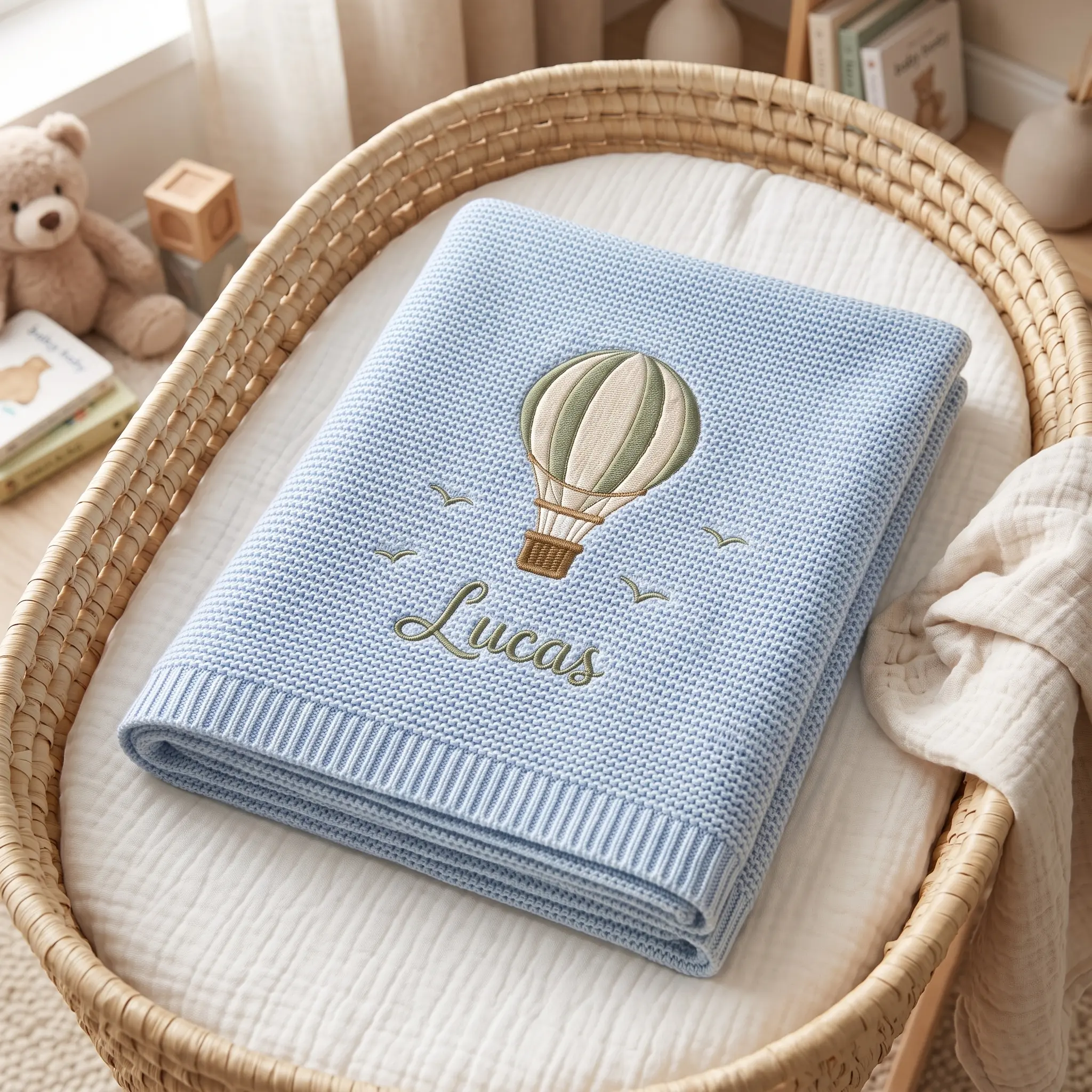 [Made-to-Order] Personalized Hot Air Balloon Embroidered Baby Knit Blanket, Custom Name Baby Blanket, Sky Nursery Quilt, Adventure Baby Gift, Keepsake Blanket