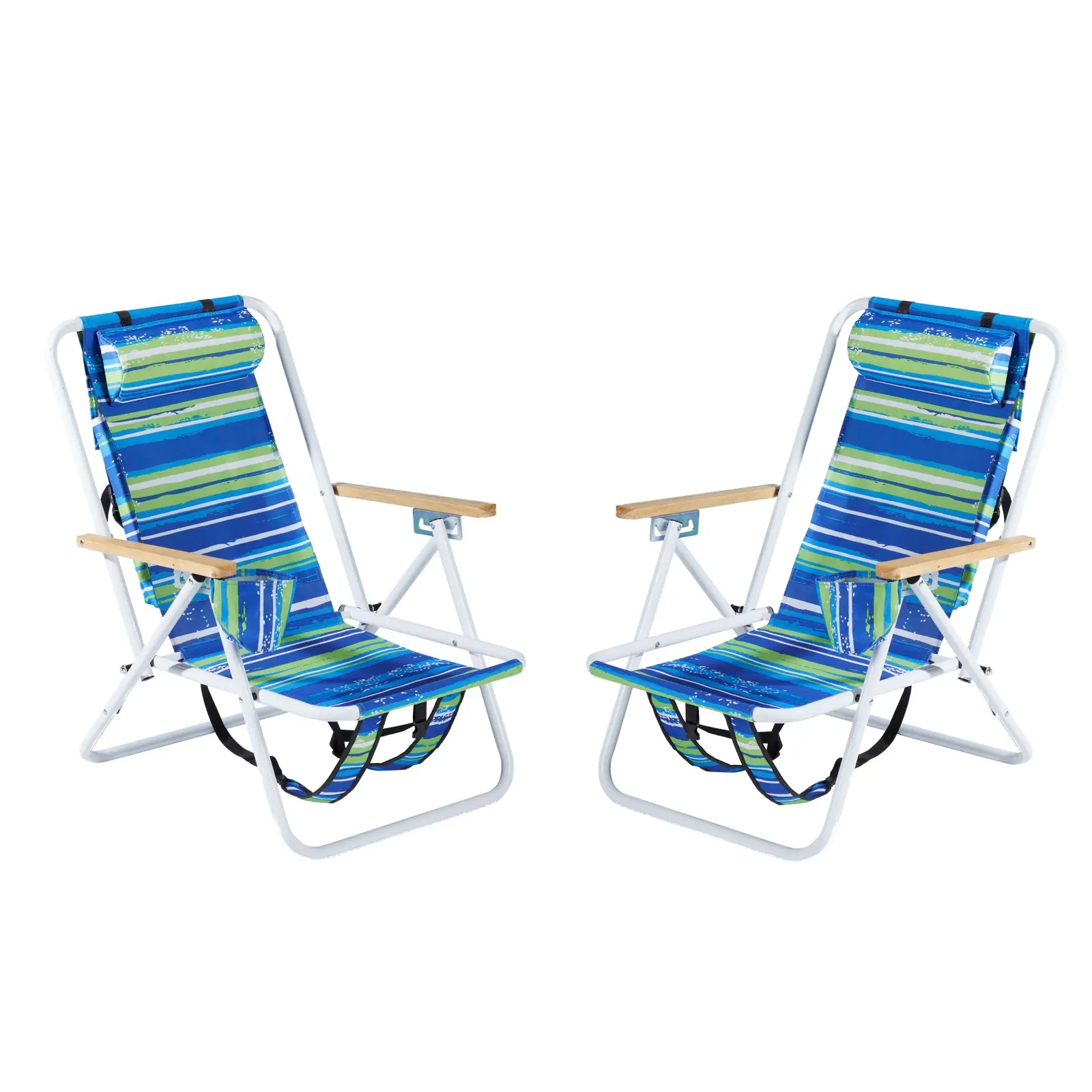 Set of 2 Folding Beach Chairs for Adults, 4-Position Reclining Backpack Camping Chairs with Headrest, Cup Holder, Wood Armrests
