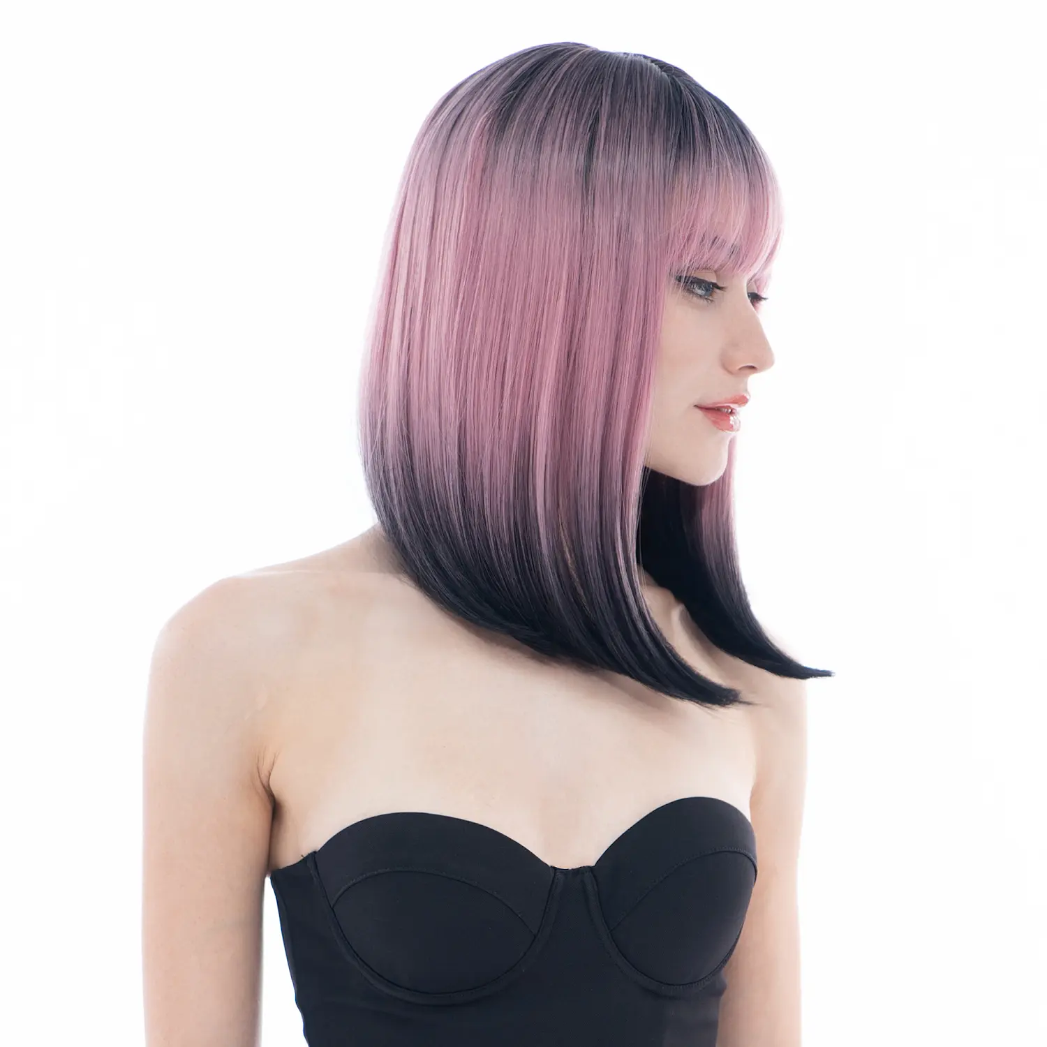 13-Inch Pink Reverse Ombre Black Roots Straight Synthetic Wig, Cap-Included Cap Synthetic Full Machine Wig | 43FSGB, Straight Synthetic Wigs, Cap Synthetic Full Machine Wigs