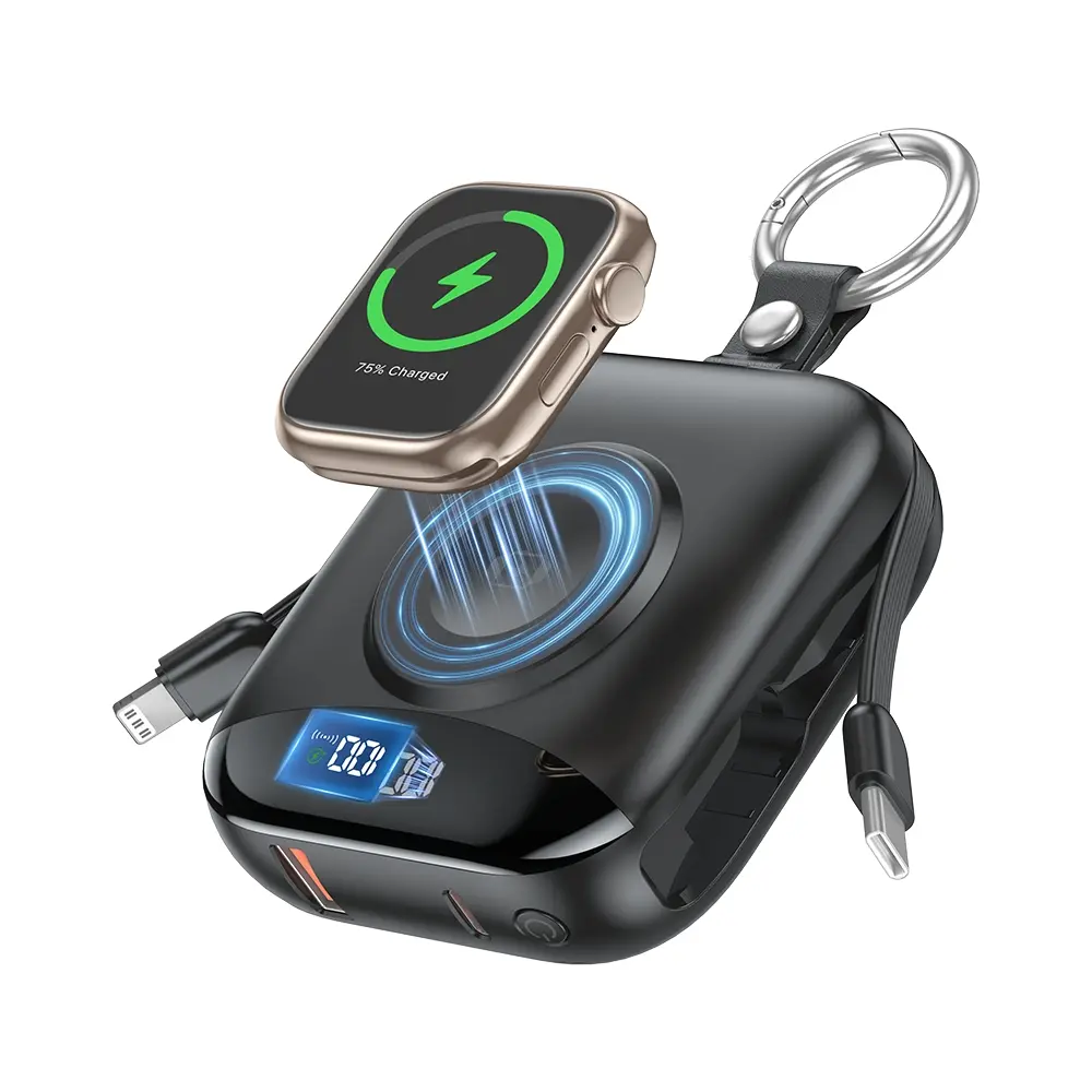 10000mAh Mini Wireless Smart Watch Charger with Digital Display & Finger Ring Stand, PD20W Fast Charging Battery Pack for iPhone 15/14/13/12/11/Pro/Pro Max, Samsung Android Phones, Includes Type-C and iOS Cables
