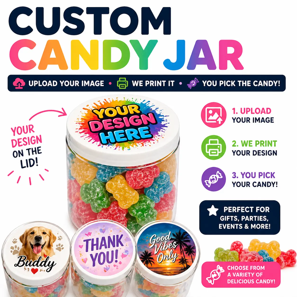Custom 4oz Treat Jar with Lid – Upload Any Photo | Personalized Candy Jar | Full Color Print | Party Favor & Gift