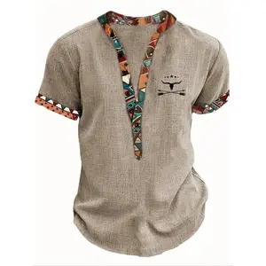 Men's Patchwork Ethnic Geometric Pattern Half Button Front Shortsleeve Shirt, Casual Graphic Short Sleeve Mock Neck Top for Summer, Men's Clothes for Daily Wear Menswear Tropical