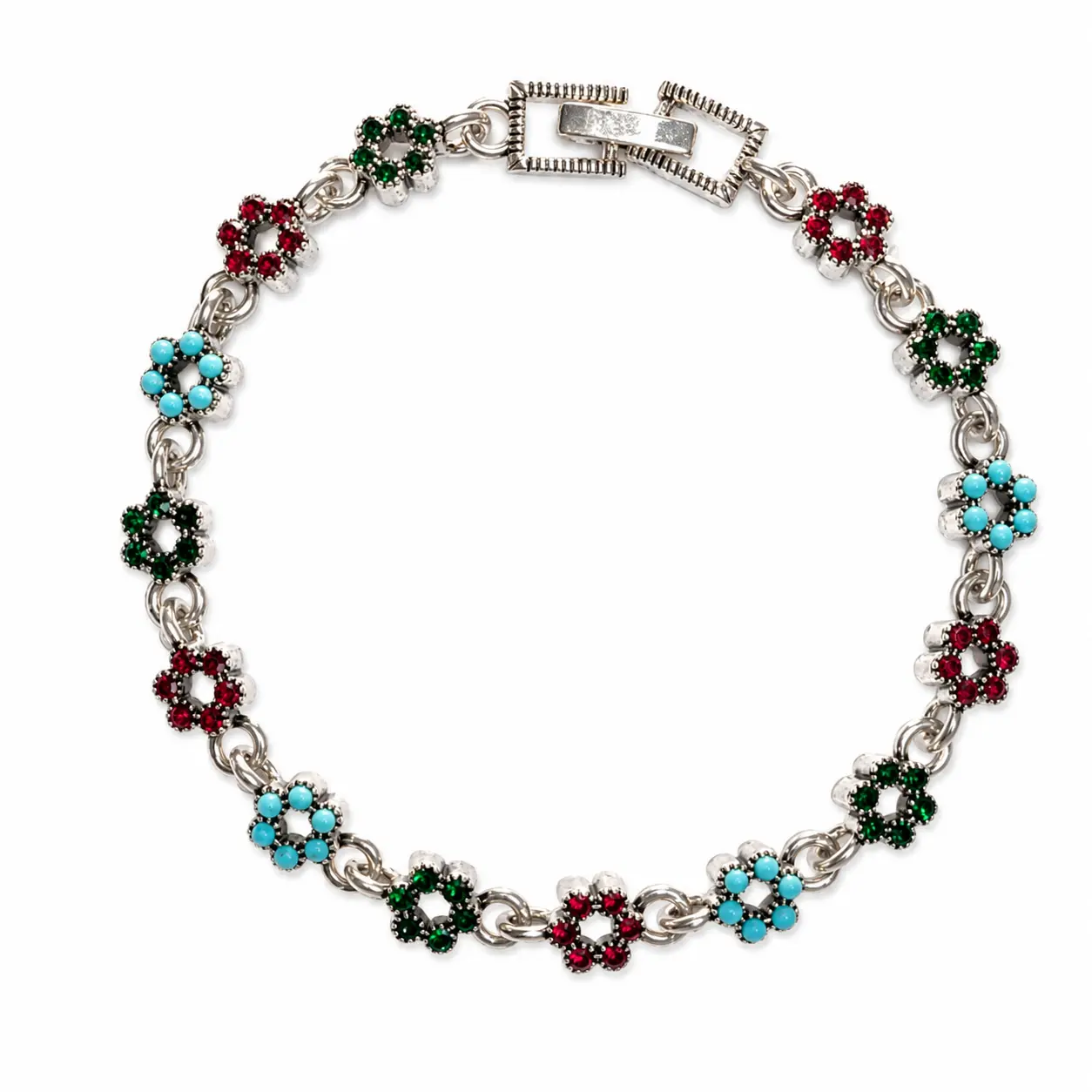 SL-A14-Vintage Tri-Color Flower Cluster Link Bracelet, Multicolor Turquoise-Style Stone Daisy Chain with Geometric Textured Clasp, Bohemian Ethnic Stackable Wrist Jewelry for Women