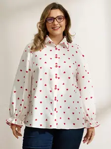BloomChic Women's Plus Size Fitted Polyester Long Sleeve Shirt - Textured Heart-Embroidered Collar Blouse, Smooth Fabric, M-6X 2026 Summer Essential for Mothers' Day White Womenswear, Longsleeves