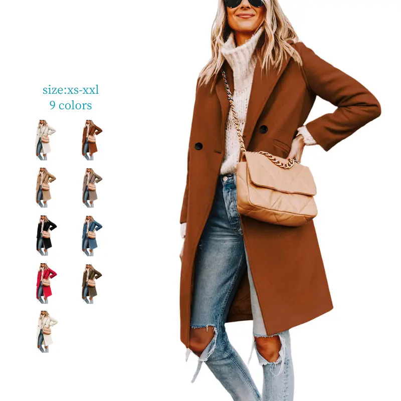 Mundoven Women's Classic Collared Double-Breasted Pea Coat, Winter Wool-Blend Full-Sleeves Loose-Fit 4-Button Long Overcoat