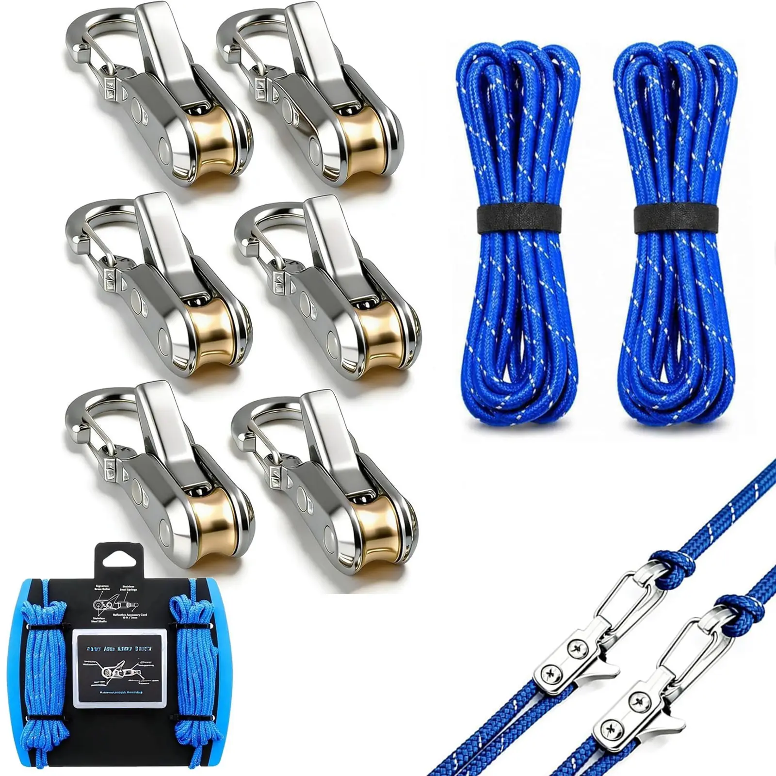 6 Pack Rope Tensioners with Roller System, No-Knot Quick Adjustment Tie Downs for Camping Tent, Cargo, Outdoor Gear