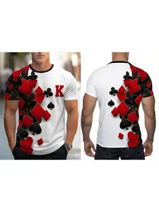 Men's 3D Printed Poker Club Pattern T-Shirt, Bold Geometric Ace Spades and Hearts Design, Round Neck Short Sleeve, All-Season Casual Comfort