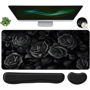 4pcs Gothic Black Rose Dark Floral Design Mouse Pad + Keyboard Wrist Rest + Coaster Set, Desktop Accessory For Desktop Decoration, Office Accessories Set Ergonomic Wrist Support, Computer Mat Mouse Pad Coaster Suitable For Home Office Gaming Mousepad