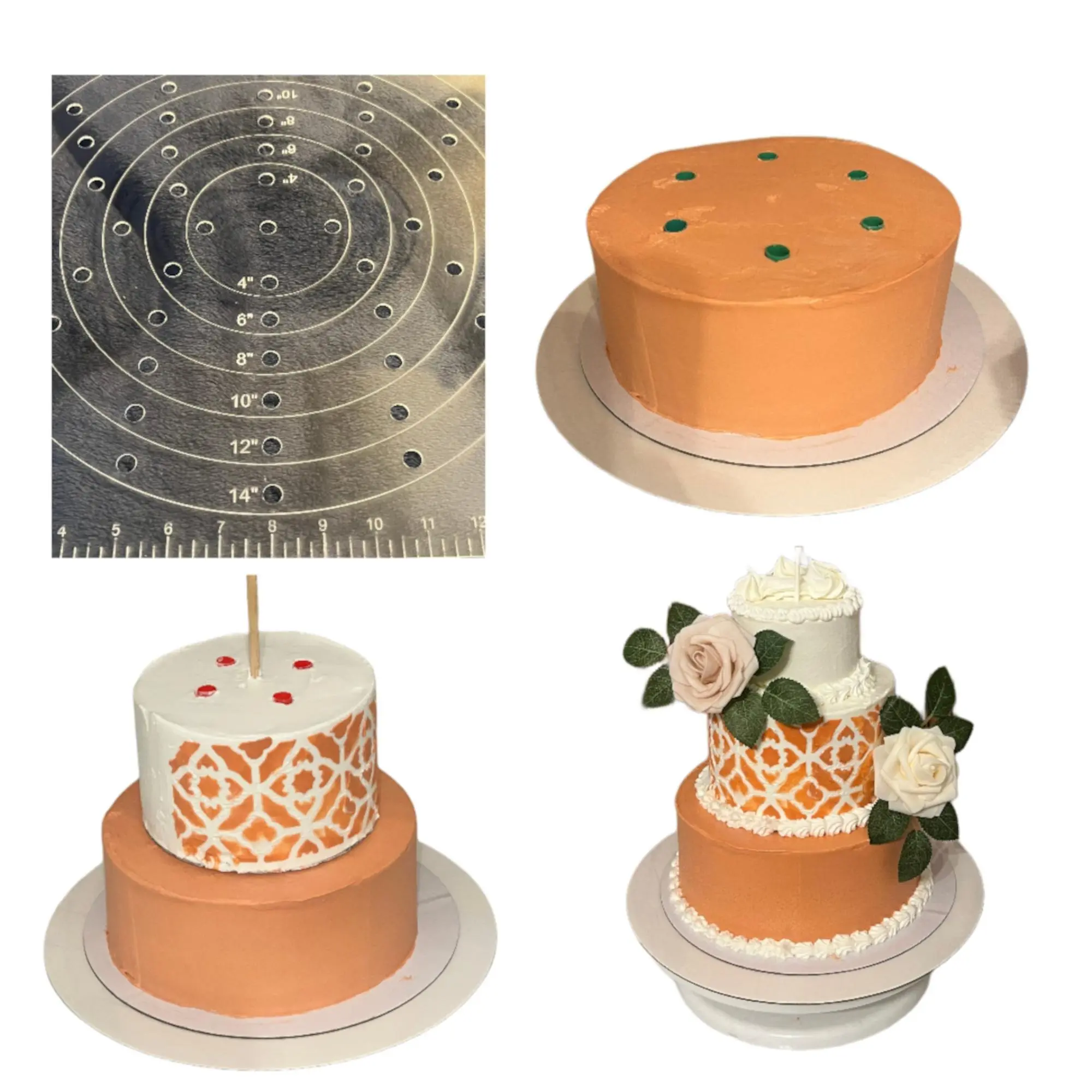 Cake Dowel Guide for Stacking ROUND Cakes & Decorating Tiered Cakes, Fondant Tools, Baking Tools, Cake Dowel & Center Template for 4", 6", 8", 10", 12", 14" Cakes