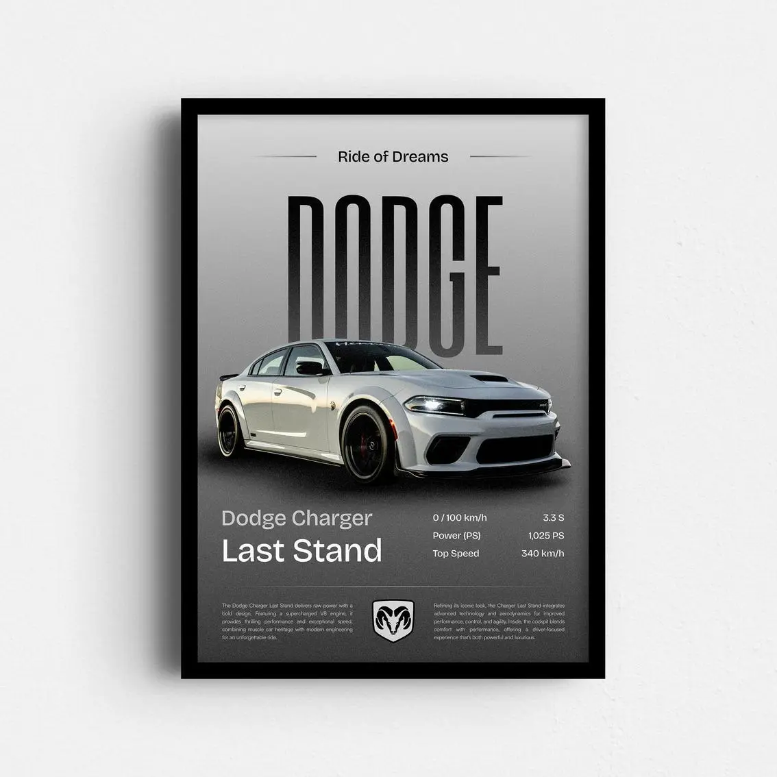 Dodge Charger Poster – Bold Muscle Car Wall Art, Last Stand Car Decor for Men, Retro Garage or Office Gift
