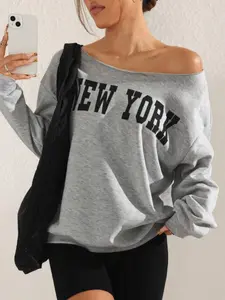 Women's Letter Print Asymmetrical Neck Pullover, Casual Long Sleeve Crew Neck Sweatshirt for Daily Wear, Ladies Clothes for All Seasons, Womenswear, Casual Pullover Tops