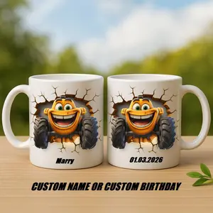 Personalized Monster Truck Mug with Custom Name or Date, Cute Cartoon Vehicle Cracked Wall Design Ceramic Coffee Cup, Unique Custom Drinkware for Home | Gifts for Kids | Home Decor | Hot Chocolate | Drinks | Novelty Gifts | Office Mugs |