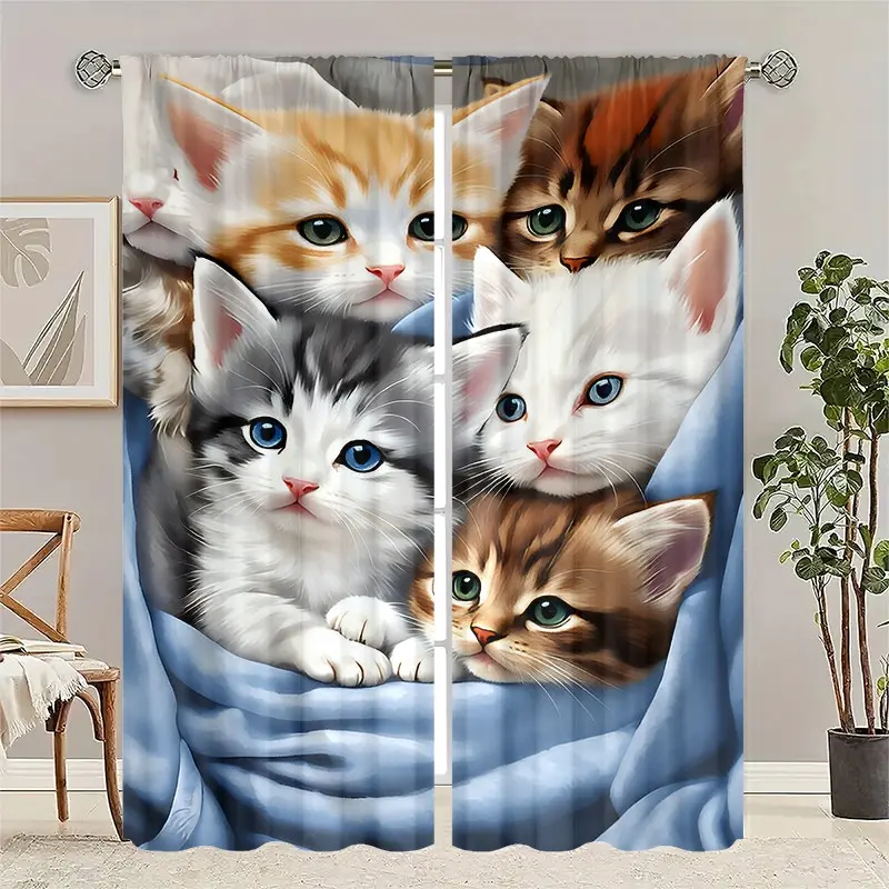 2pc, installed with pocket rod style, digital cute cat patterned curtains, suitable for living room, closet, bedroom, study, dining room, and home decoration.