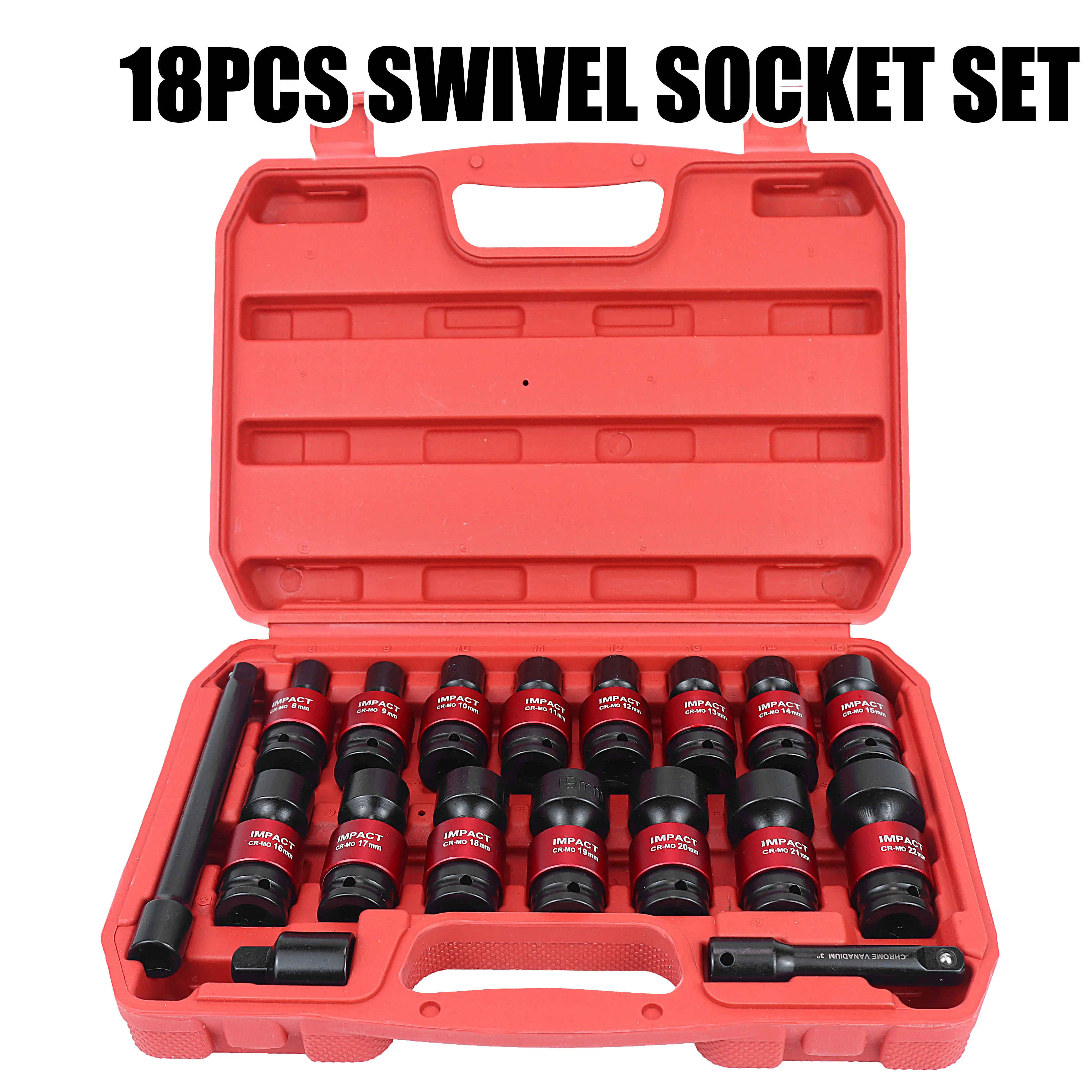 18PCS Swivel Impact Socket Set，Metric 8mm to 22mm，Universal Joint Socket Set, Heavy Duty Cr-Mo Drive Impact Socket Kit for Automotive Repair with Case