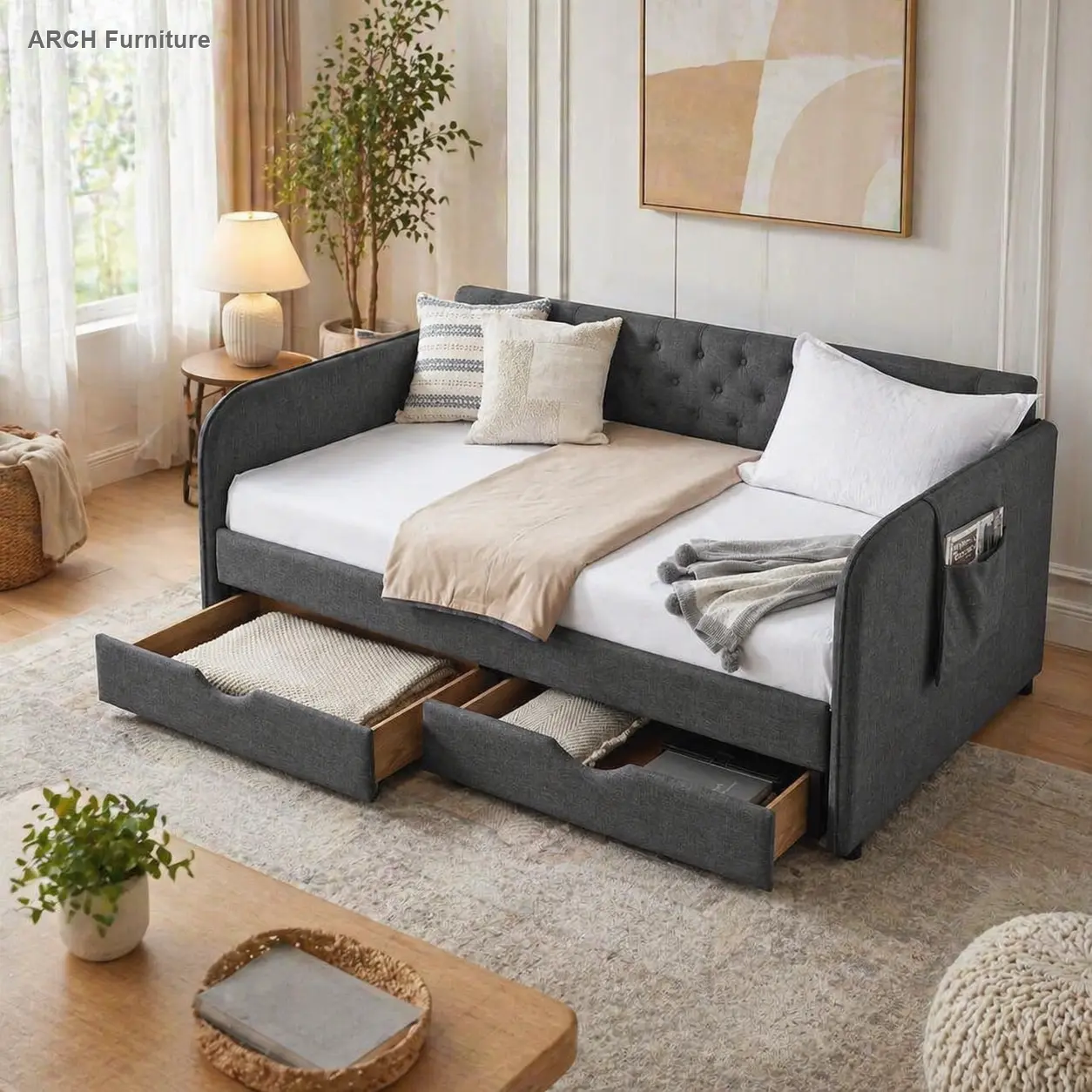 Mid-Century Linen Blend Dark Gray Twin Size Upholstery Daybed - Expandable Twin/King with Trundle, 2 Storage Drawers, Flat Arms with 1 Pocket, Drill-Required Indoor Room Furniture for Bedroom/Living Room