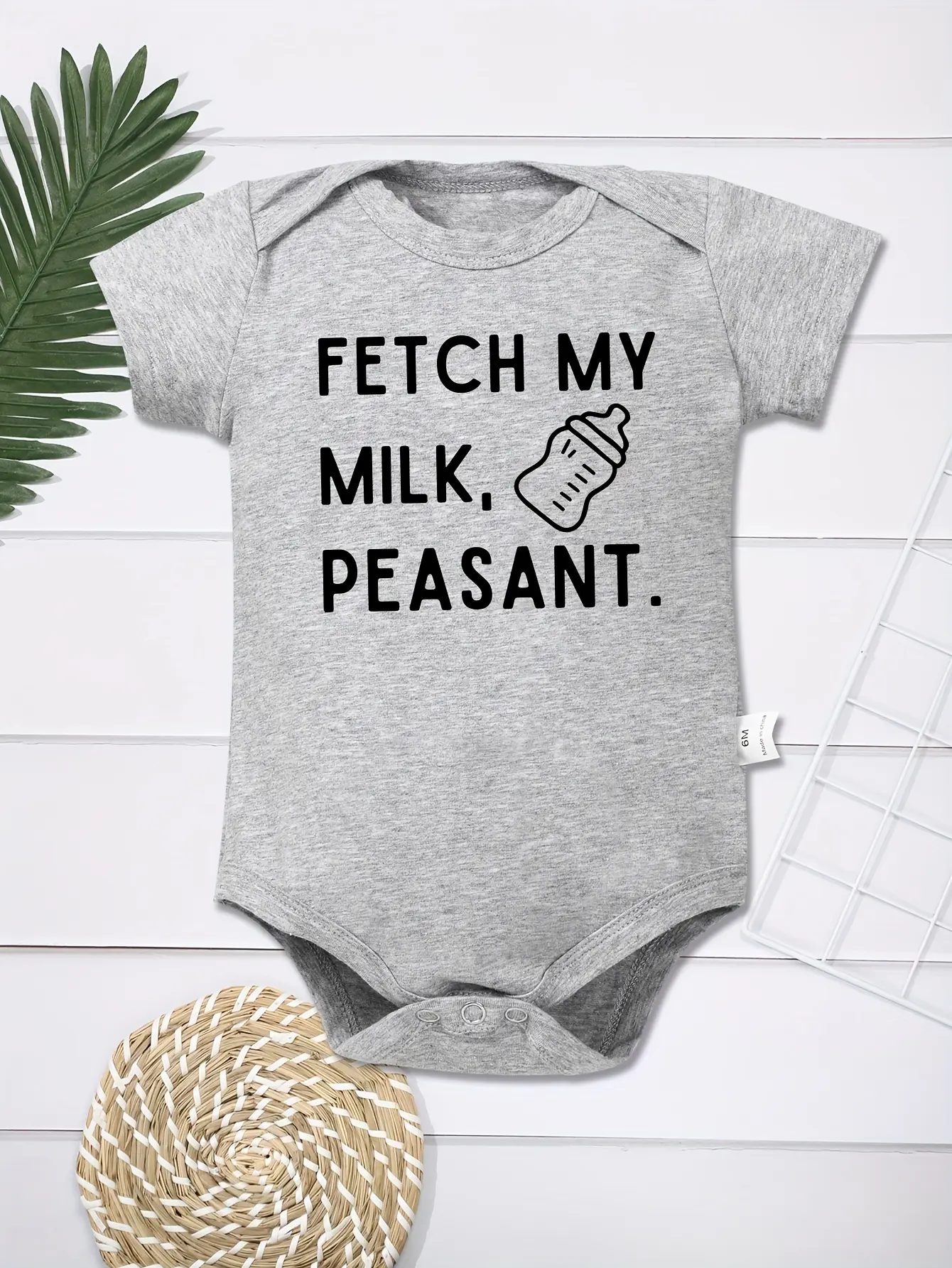 Unisex Newborn Short-Sleeve Bodysuit, Funny "Fetch My Milk" Bottle Graphic Baby Clothing, Playful, Humor, One Piece Bodysuit