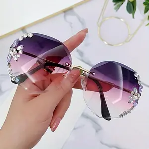 Rimless Women's Oversized Square Glasses with Rhinestone Accents – Gradient Purple to Pink Lenses, Vintage Style Fashion Eyewear, Includes Case & Cloth, Glamorous Design unisex simple lens woman men gradient lens trendy fashionable reading glass woman