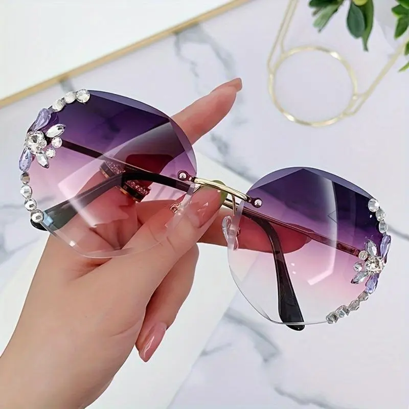 Oversized Glasses for Women, Vintage Semi-Rimless Statement Frame with Rhinestones, Prescription-Compatible Blue Light Blocking Purple-Pink Gradient Lenses, No, Stylish Accessories, Sunglasses For Women, Statement Frame Glasses, Natural, Polyamide, Vintag