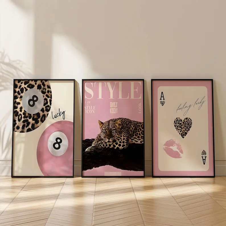 Coquette Wall Art Set of 3: Pink Leopard Print Posters, Lucky 8 Ball Print  Decor, Home Office Art