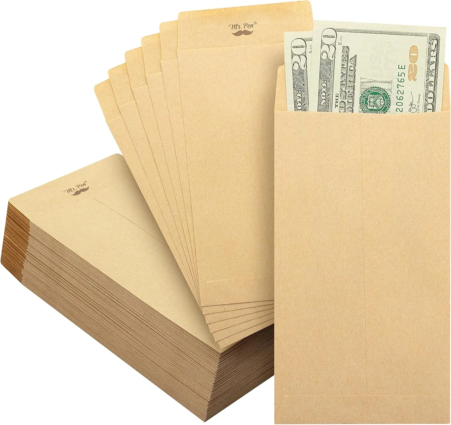 Kraft Paper Gummed Self-Adhesive Cash Envelopes, 6.5"x3.5", 100-Pack Self-Sealing Envelopes & Postal Supplies - Durable, Great for Storing Cash, Budgeting, Can Be Used as Gifts
