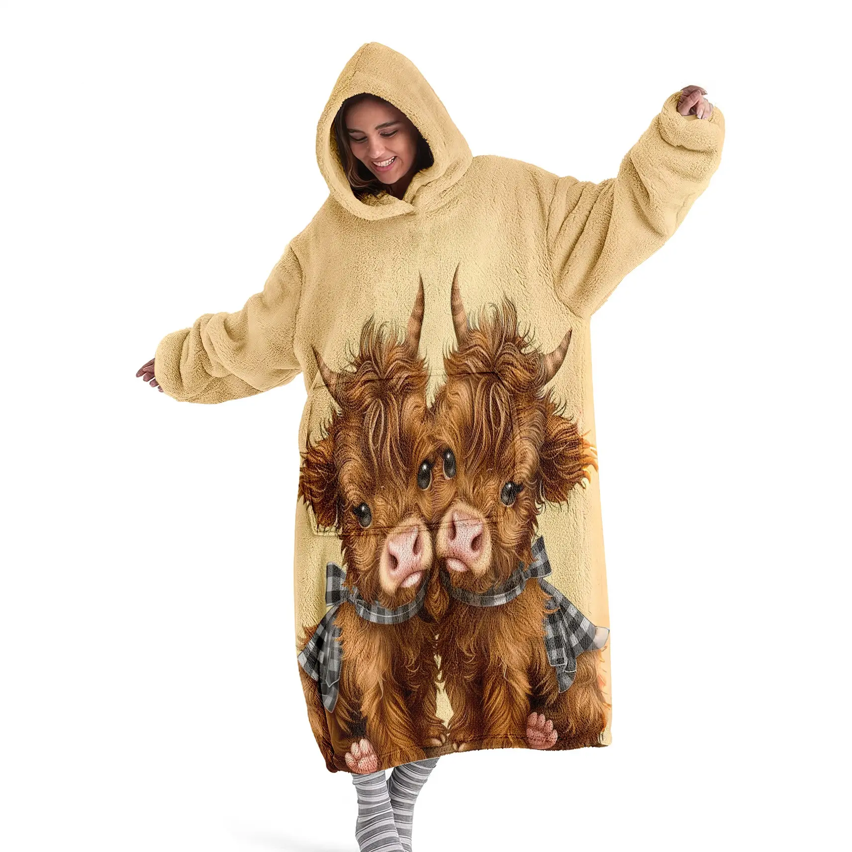 Hooded Blanket, Wearable Blanket, Cozy Hooded Blanket, Couple's Highland Cow Digital Print Flannel Blanket Soft and Warm, Ideal for Sofa Throw, Home Relaxation, Air-Conditioned, Nap, Office Bed, Camping Travel Blanket, Blanket For Couch