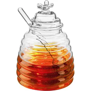 Honey Jar with Dipper and Lid, Honey Bee Pot, 17oz Glass Beehive Honey Pot for Home Kitchen Container Utensils
