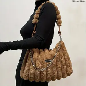 ChicNest Living 2026 Women's Plush Faux Fur Crossbody Bag Caramel Colorblock Large Capacity Soft Versatile Shoulder Bag Perfect for Everyday Wear Vacation Casual Handbag Satchel Leather Bags