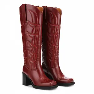 LUNETTA Square Toe Knee High Boots for Women Chunky Heel with Embroidered Design Modern Casual Style for Party Sturdy Heels Intricate Patterns