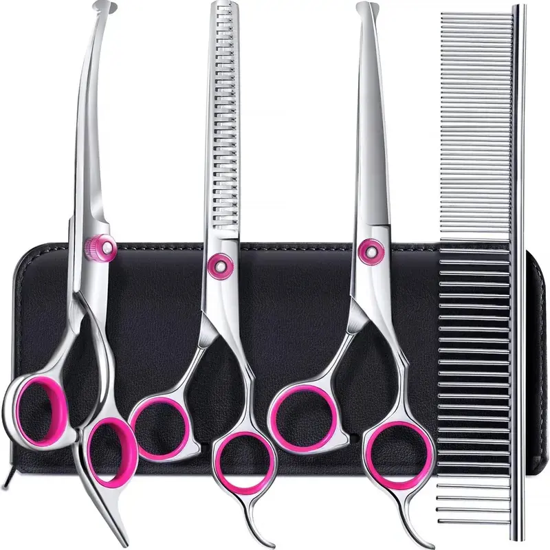 5-in-1 Professional Dog Grooming Scissors Kit – Pet Grooming Shears with Safety Round Tips, Titanium-Coated Stainless Steel for Dogs & Cats