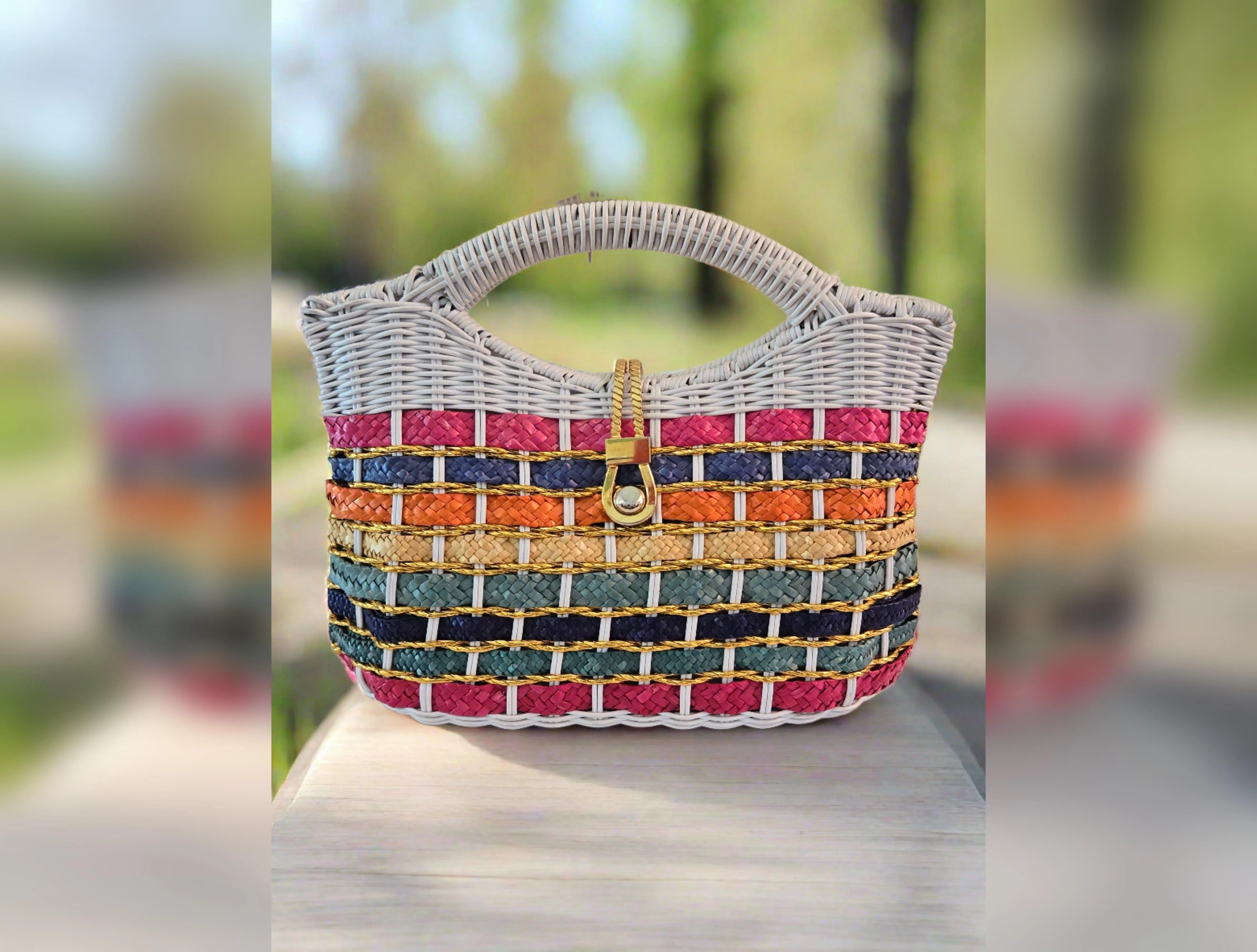 Colorful Rainbow Wicker Basket Handbag - Retro 60s Purse with Gold Details
