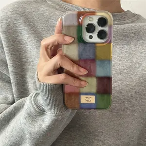 Retro Colorful Small Square Tin Paper Pattern Mobile Phone Case for iPhone Series, Multi-Model Compatible with iPhone 12-16 ProMax, Shockproof Protective Cover, White Electronics Accessory with Screen Protector