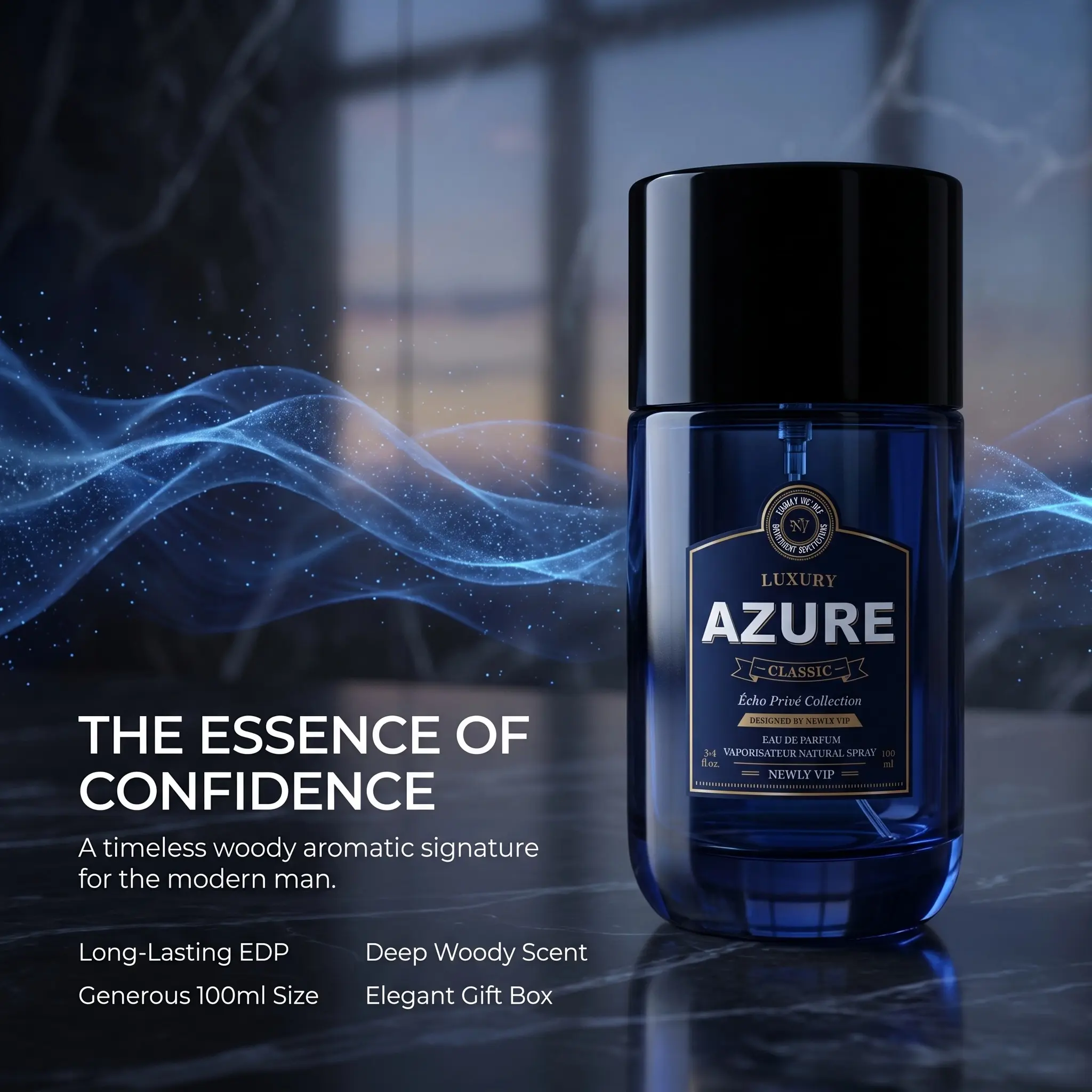 NEWLY VIP Azure Classic Men's Eau de Parfum, Woody Aromatic Citrus Scent with Cedarwood, Sandalwood & Vetiver, Everyday Fragrance, 100ml