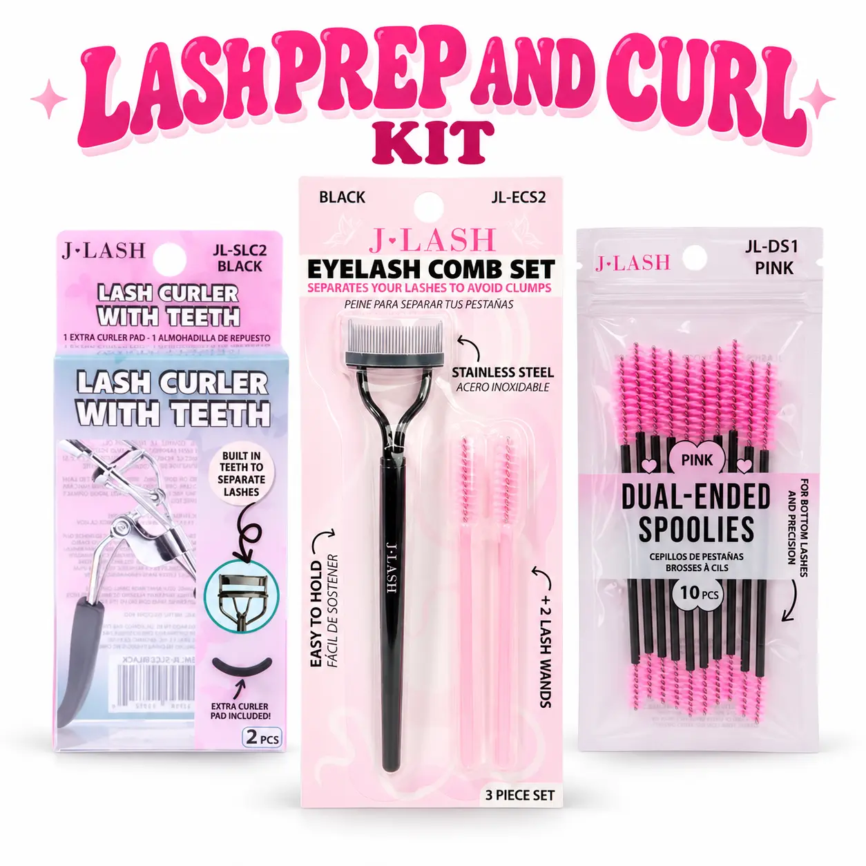 JLash - Lash Prep and Curl Kit- Black Eyelash Comb Set, Pink Dual-Ended Spoolies, Black Lash Curler with Teeth