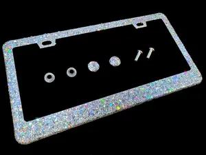 Dazzling Addiction Bling License Plate Frame Holographic Silver Big Chunky Glitter Bling Clear Made in USA Handmade Diamond Holder Screw Caps Personalizable Customizable Customized White Bedazzled Sparkly Shimmering