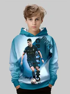 Boys Football Inspired 7 Player 3D Printed Athletic Hoodie, Elastic Polyester Blend, Long Sleeve Casual Pullover for Spring & Fall