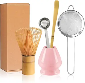 Matcha Whisk Set Pink, Matcha Making Kit Bamboo Whisk (Chasen), Ceramic Whisk Holder Stand, Sifter, Scoop Japanese Tea Tools For Ceremony Gift