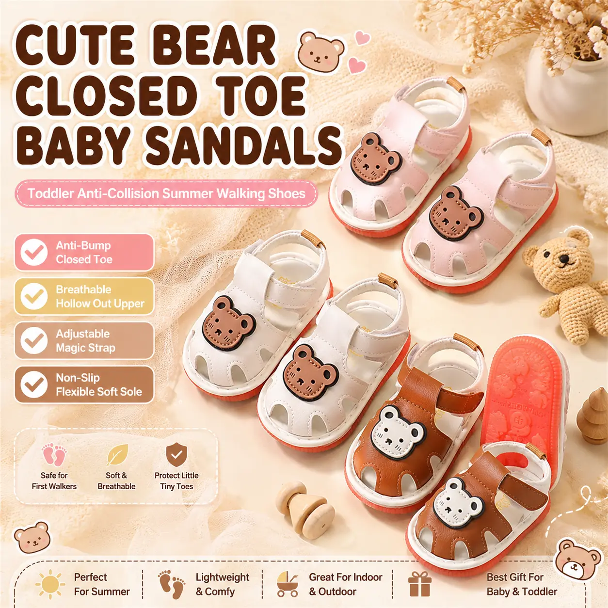 Cute bear print sandals for babies and toddlers - soft-soled, non-slip Velcro strap walking shoes, breathable open-toe summer baby shoes (pink/white/brown, 0-24 months)