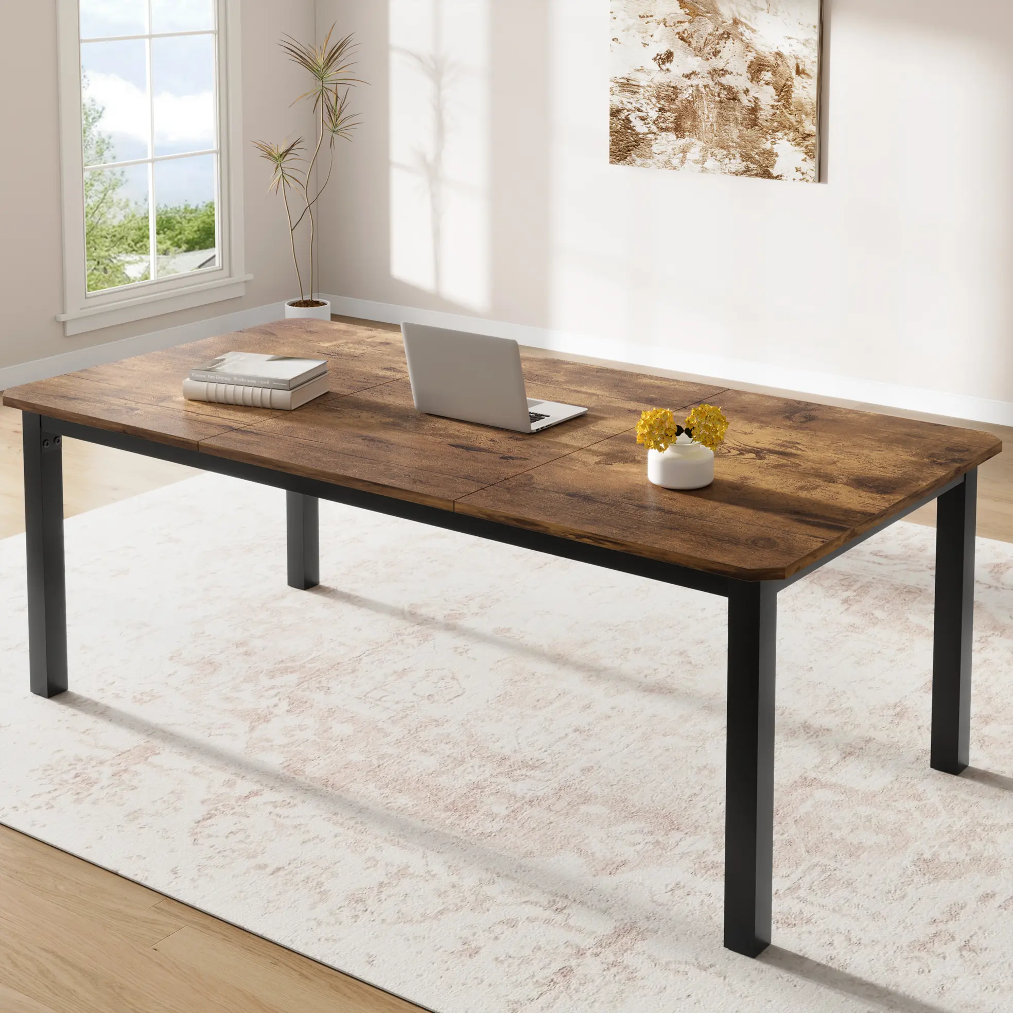 78.7 Inch Wood Dining Table for 6-8 People, Farmhouse Wooden Kitchen Table with Rectangular Plank Top, Sturdy Beam Frame Dinner Table for Kitchen Dining Room, Not Including Chairs